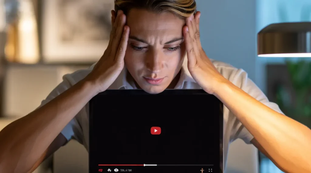 A person closely examining a laptop showing a YouTube black screen trying to diagnose the video problem.