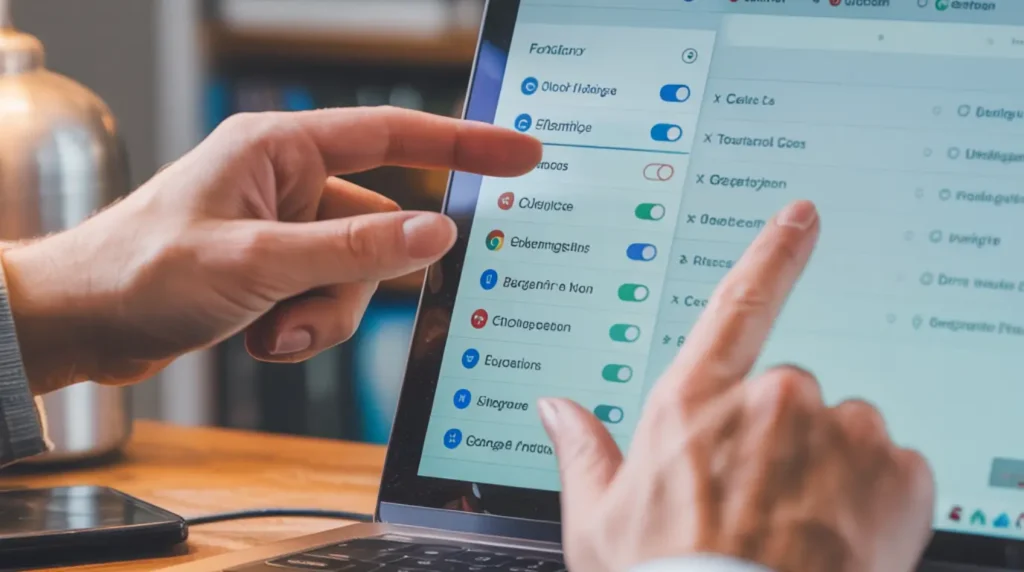 Hands navigating browser settings on a laptop to fix the YouTube black screen no video issue.
