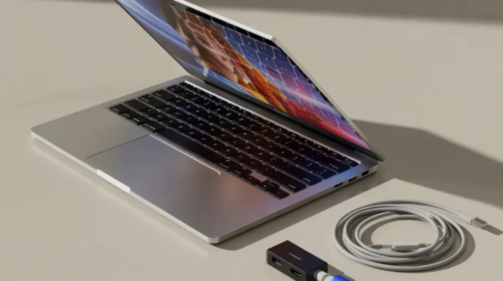 A well-maintained laptop beside accessories that help prevent YouTube black screen and video playback issues.