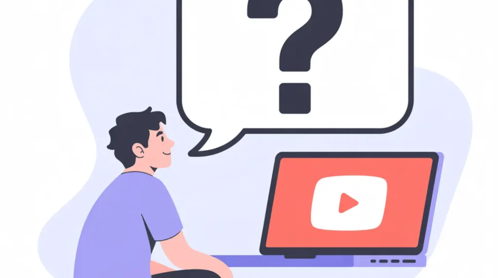 A flat illustration of a person with a floating question mark and a glowing laptop representing YouTube video FAQ questions.