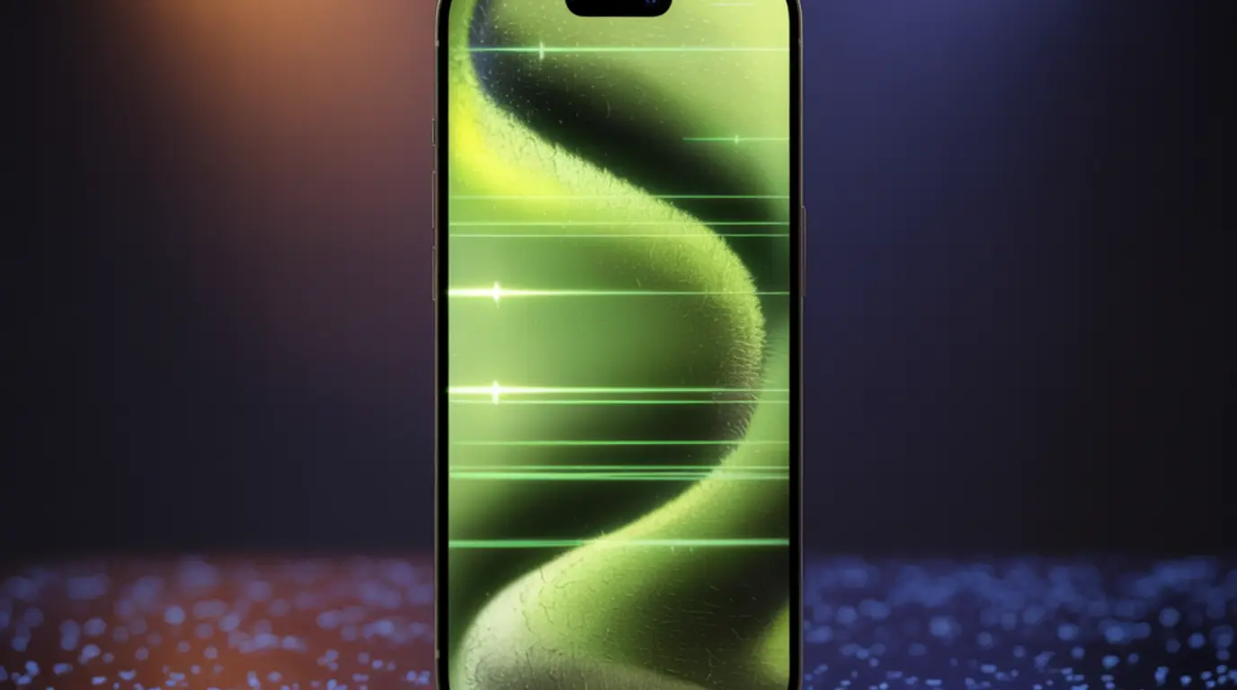 iPhone 14 Pro Max displaying green screen flickering across the OLED display, held at an angle against a dark background.