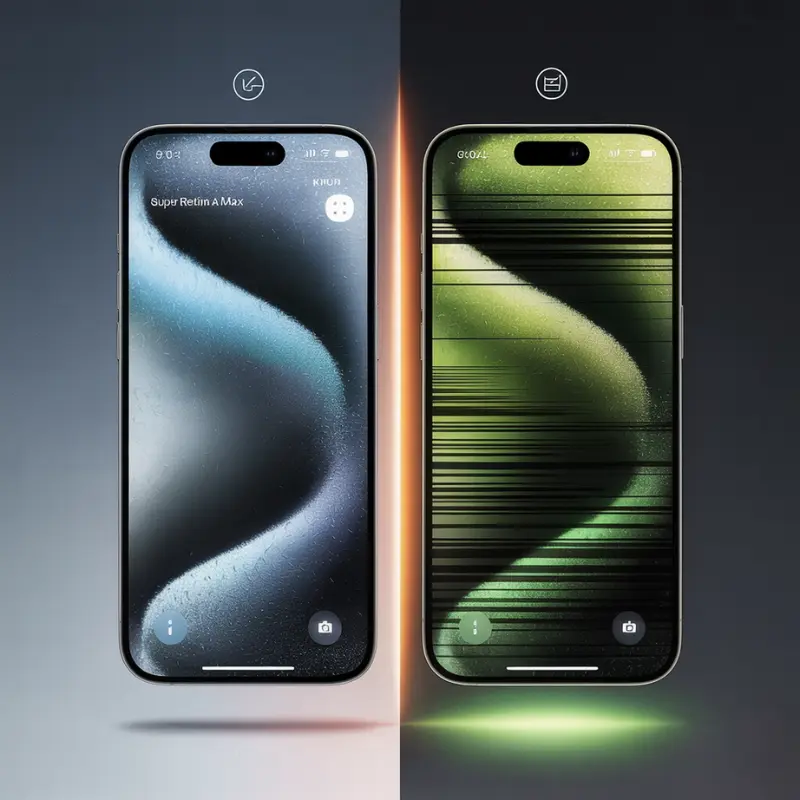 Side-by-side comparison showing a healthy iPhone 14 Pro Max display next to one affected by green screen flickering caused by OLED panel issues.