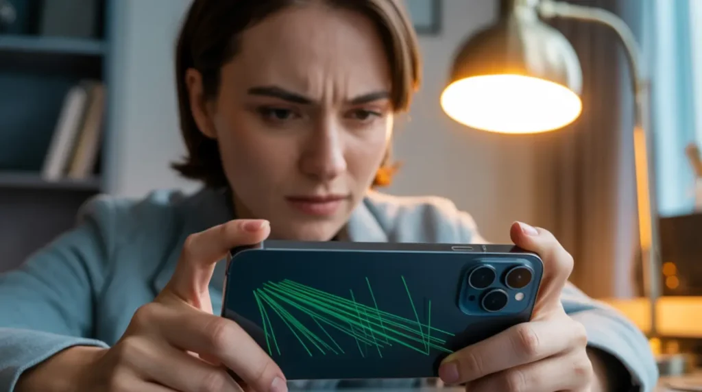 Person examining an iPhone 14 Pro Max with green screen flickering, tilting the device under a desk lamp to diagnose the display issue.