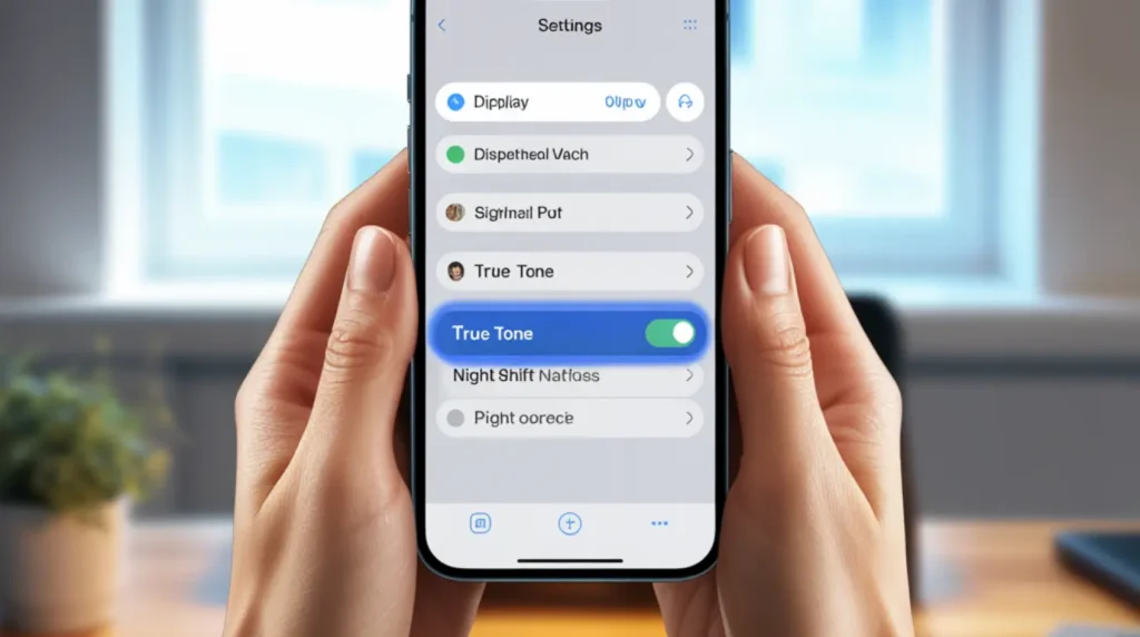 Hands adjusting Display and Brightness settings on an iPhone 14 Pro Max to fix green screen flickering by disabling True Tone.