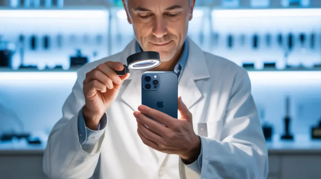 Professional repair technician inspecting an iPhone 14 Pro Max OLED display through a magnifying loupe at a clean repair workbench.