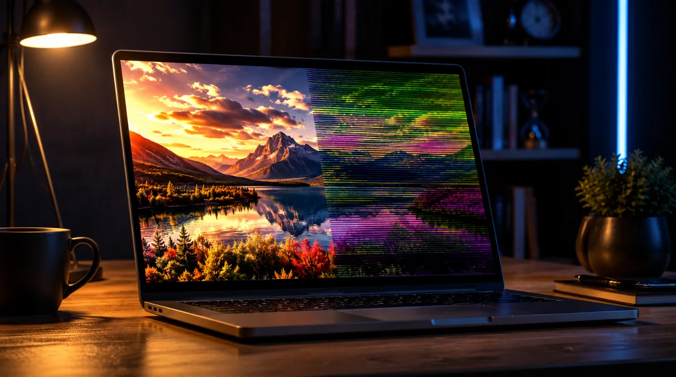 Close-up of a laptop with screen colours distorted showing green-purple banding across the display.