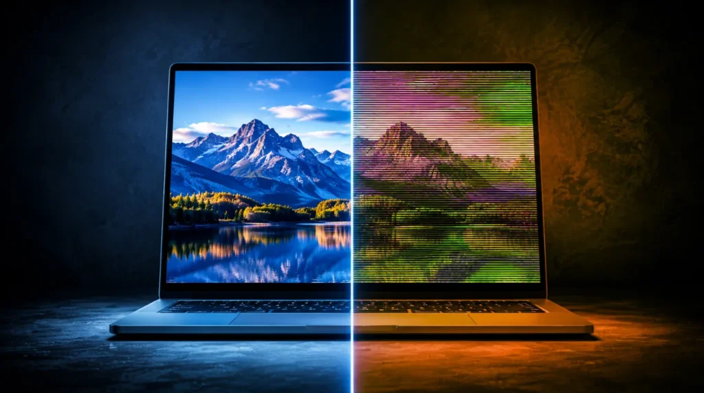 Side-by-side comparison of a healthy laptop screen versus one showing colour distortion and pink channel banding.