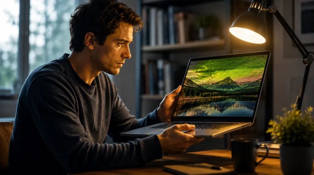 Person carefully examining a laptop screen with colour distortion under desk lamp light during home diagnosis.
