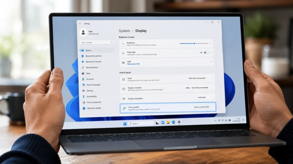 Hands navigating Windows 11 display colour profile settings to fix laptop screen colour distortion.