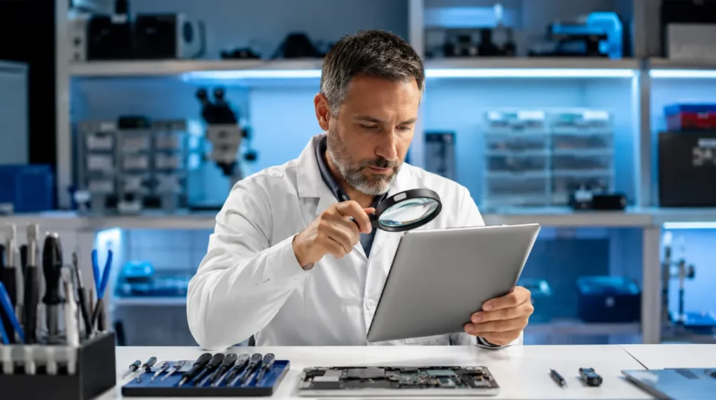 Professional laptop repair technician inspecting a distorted screen display at a clean repair workbench.