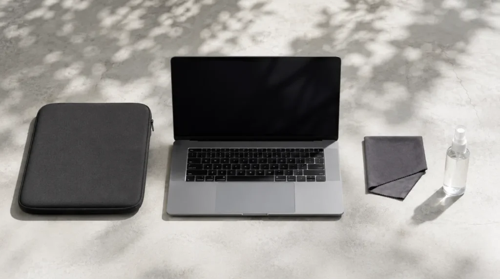 Laptop with protective hardshell case and screen cleaning kit to prevent colour distortion and display damage.