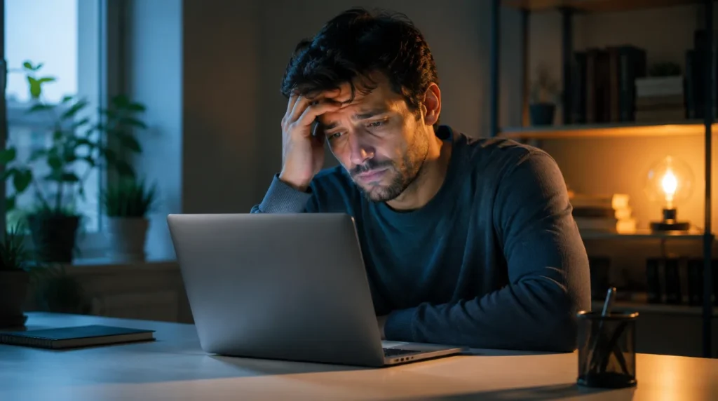 Person reading laptop screen colour distortion FAQ answers on a laptop and smartphone at a minimal home office desk.