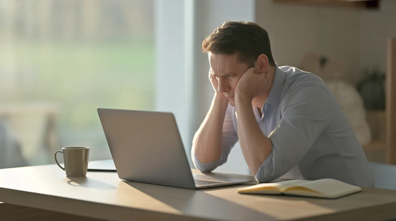 Man staring at a laptop with a black screen after a Windows update