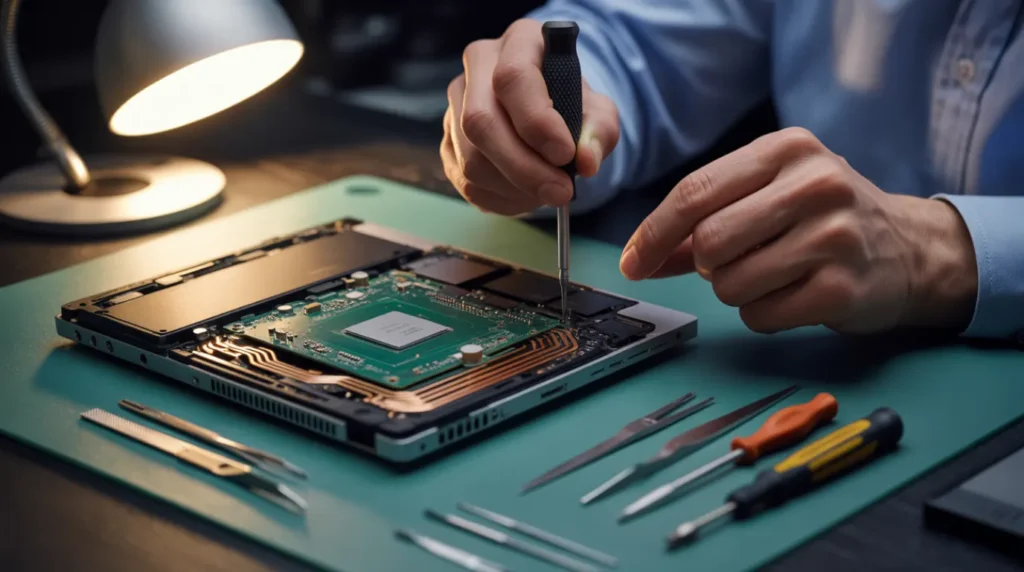 Technician inspecting laptop internals to diagnose a display driver issue