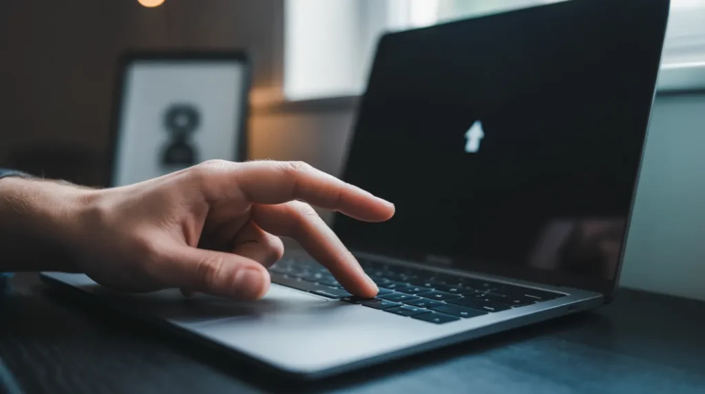 Hand pressing Ctrl Alt Delete on a laptop showing only a black screen