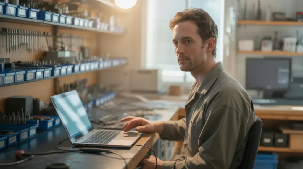 Technician troubleshooting a laptop display driver in a repair workshop