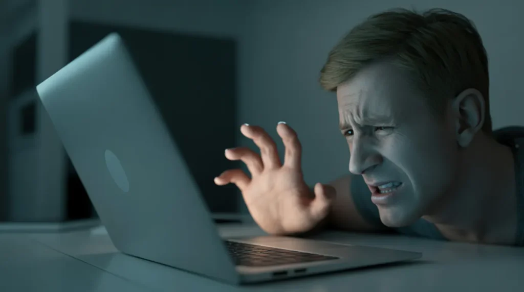 Person about to force shutdown a laptop stuck on a black screen