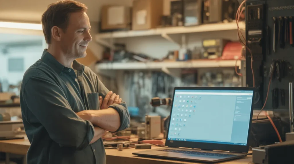 Confident technician after successfully fixing a laptop black screen issue