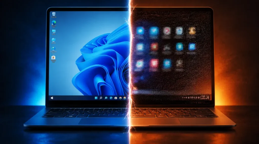 Comparison between a sharp laptop display and blurry screen caused by resolution problems.