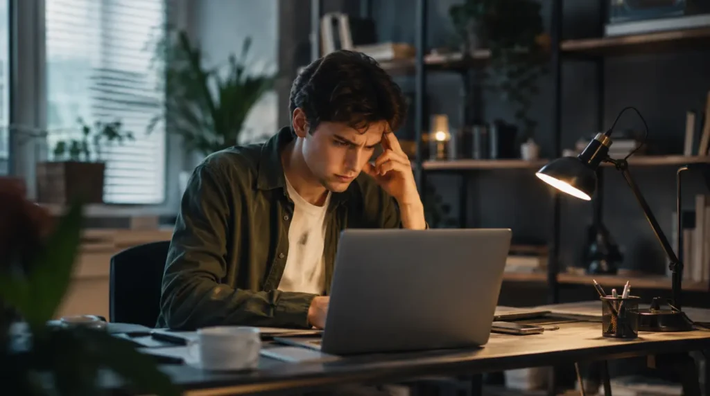Person checking a blurry laptop display while diagnosing screen problems at home.