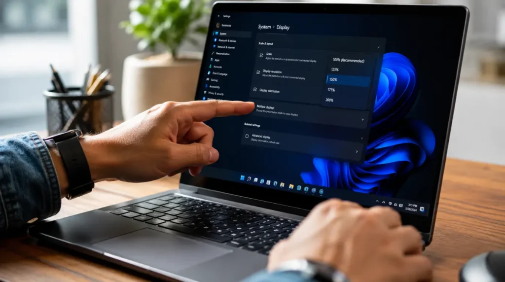 Hands fixing a blurred screen on laptop through Windows display settings.