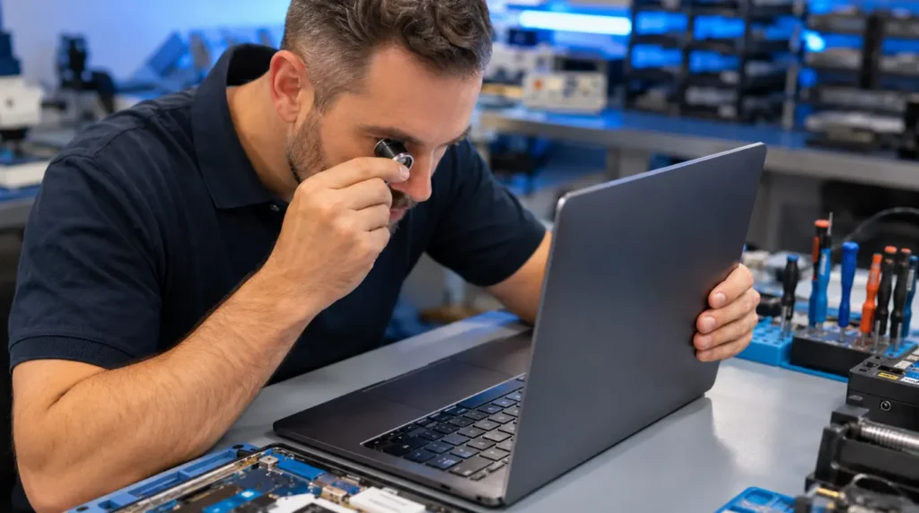Professional technician inspecting a blurry laptop screen in a repair workshop.