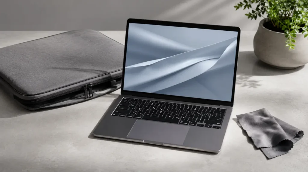 Laptop with protective accessories used to prevent blurry screen and display damage.