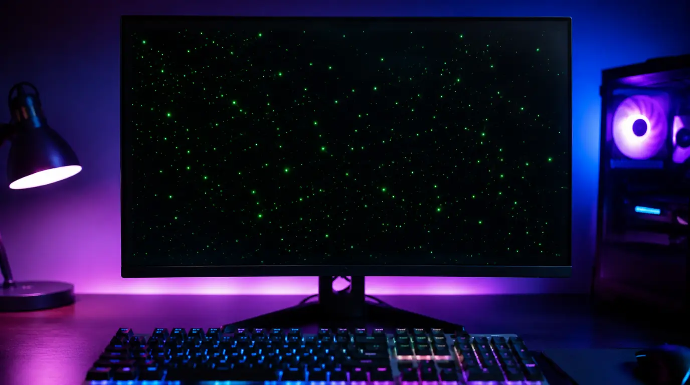 Green dots visible on a desktop PC monitor displaying screen artifact issues.