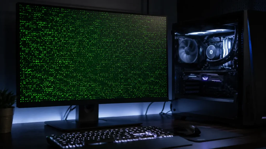 Green screen artifacts on a desktop monitor caused by graphics card damage.