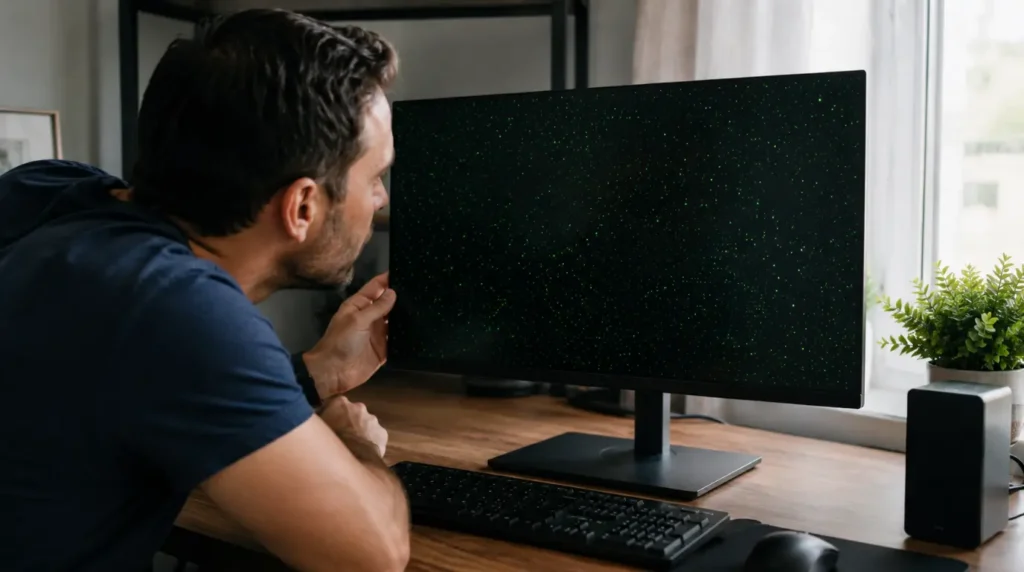 Person diagnosing green dots on a desktop computer monitor.