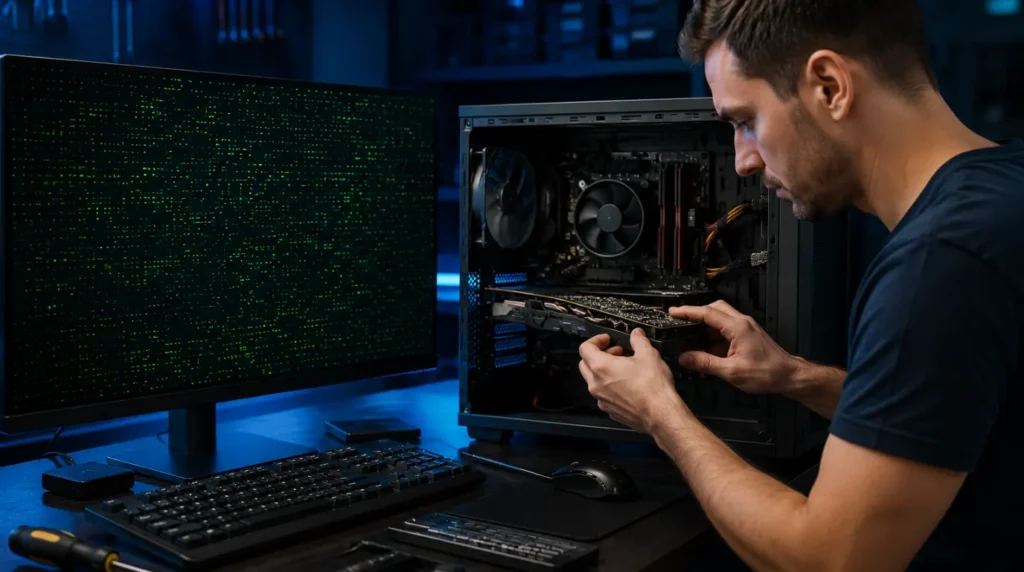 Computer repair technician diagnosing green dots on a PC monitor.