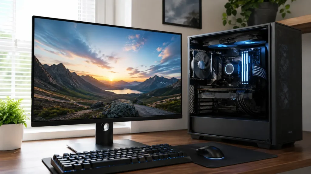 Well-maintained desktop PC setup preventing green dots on the screen.