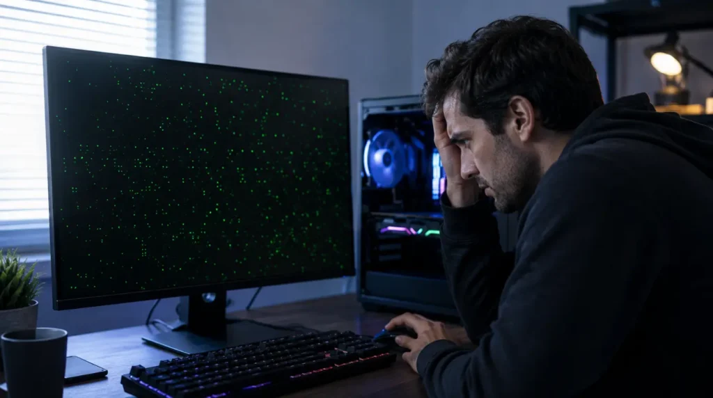 User troubleshooting green dots on a desktop computer screen during a display diagnosis.