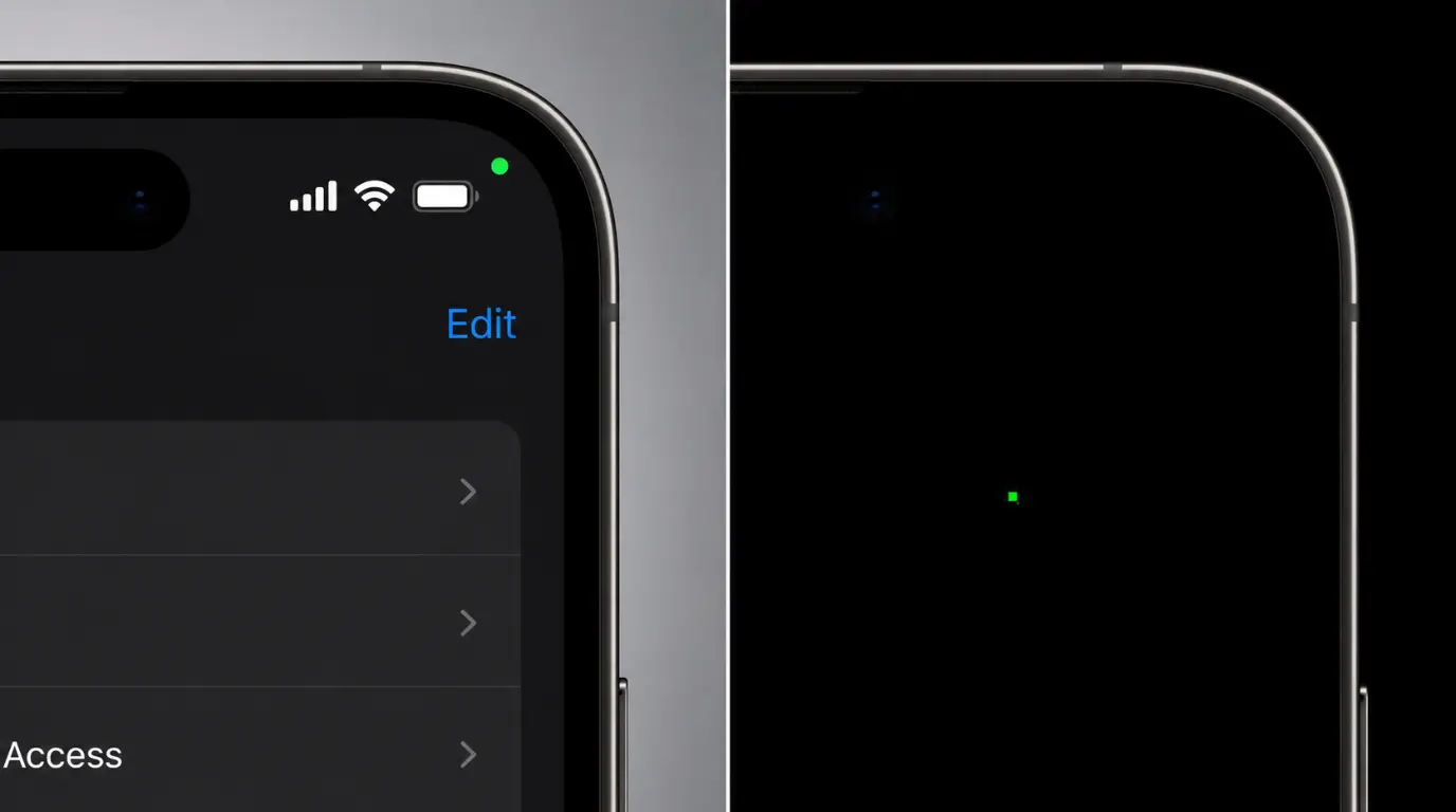 Comparison of a software privacy dot and a hardware dead pixel on a smartphone screen
