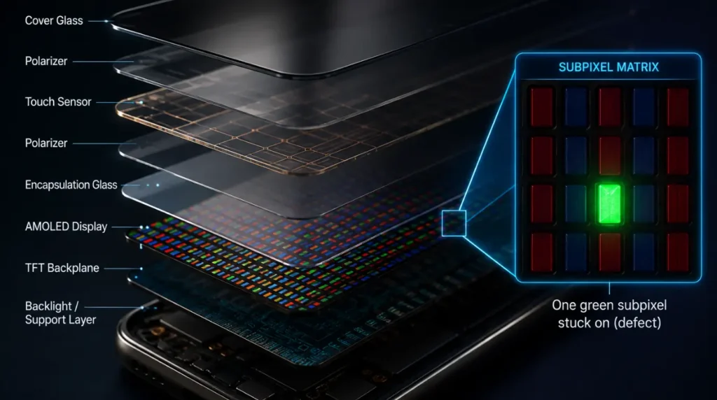 Exploded macro view of smartphone AMOLED layers showing a single defective green subpixel