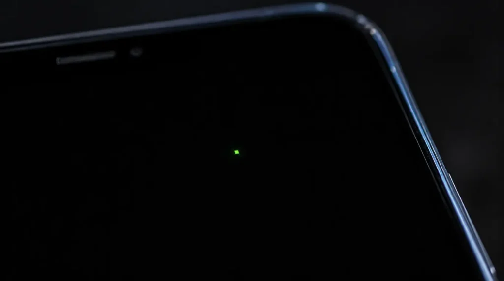 A single green stuck pixel standing out brightly against a dark phone screen