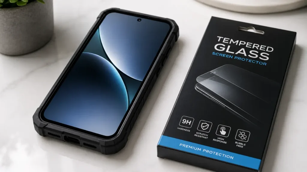 Smartphone protected with a rugged shock-absorbent case and tempered glass screen protector