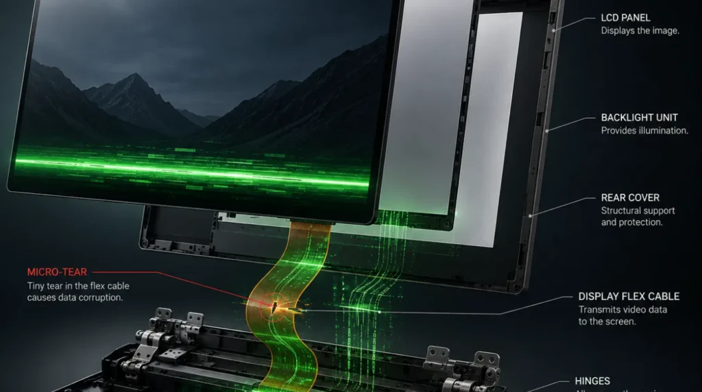 3D exploded-view illustration of internal laptop screen components showing the LCD panel and a damaged display flex cable.