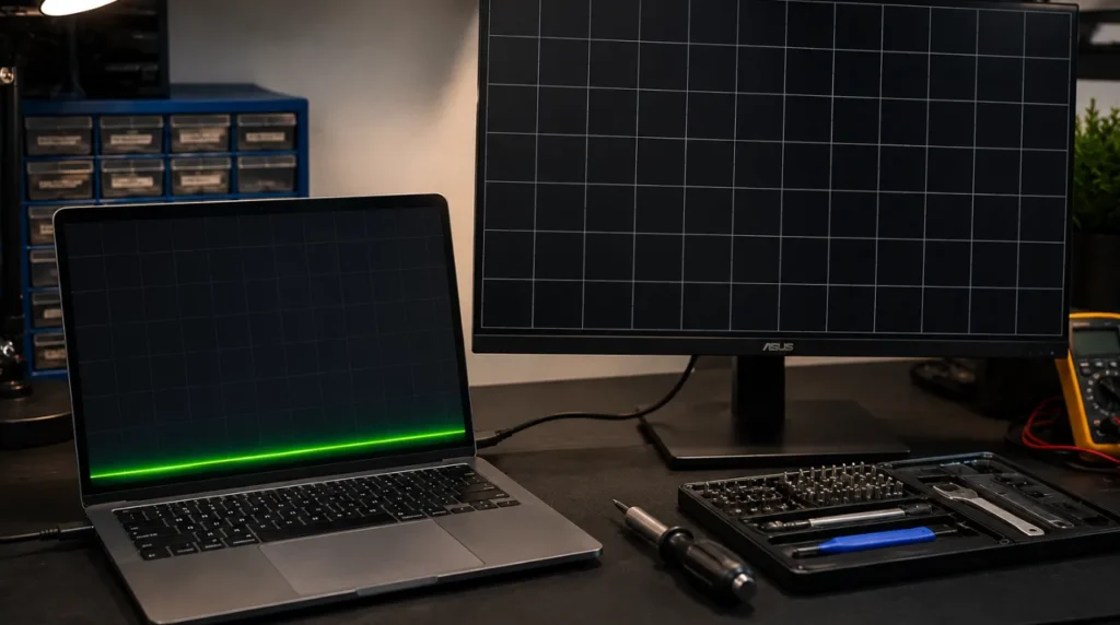 Diagnostic test showing a laptop with a green line on the screen connected to a clean external monitor via HDMI.
