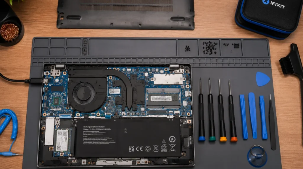 Opened laptop on a technician desk with repair tools ready to reseat the display flex cable.
