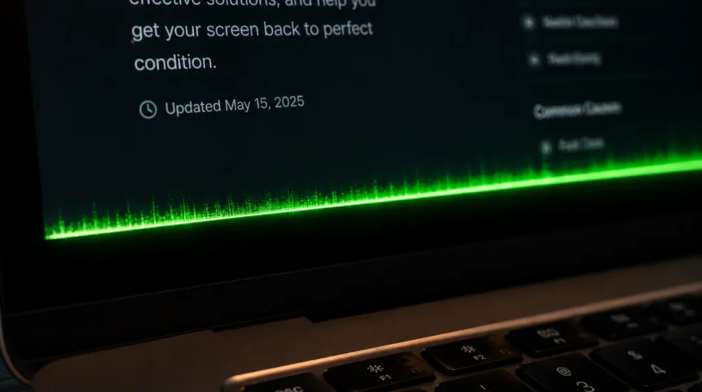 Macro shot of a damaged pixel row spreading upwards from a glowing green horizontal line on a laptop display.