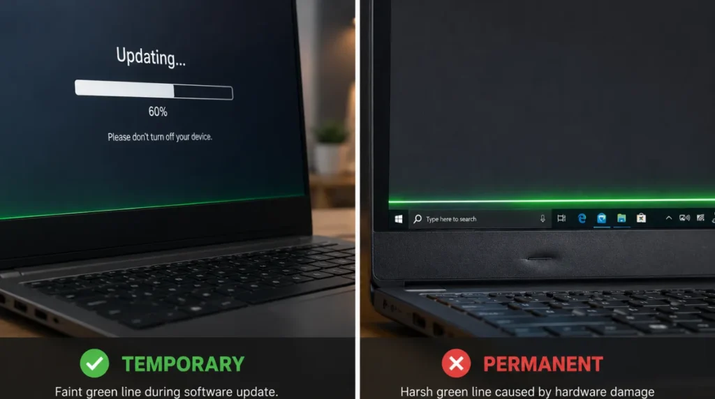 Split screen showing a laptop software driver update progress bar next to a physically damaged laptop bezel with a permanent green line.