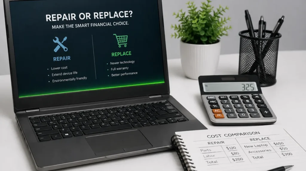 Older laptop next to a digital calculator on a desk representing the cost analysis of a screen repair versus buying a new device.