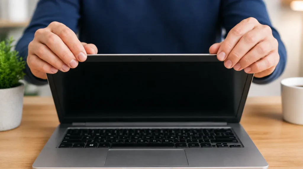 Hands correctly closing a laptop lid from the top center to prevent physical damage to the screen and internal hinges.