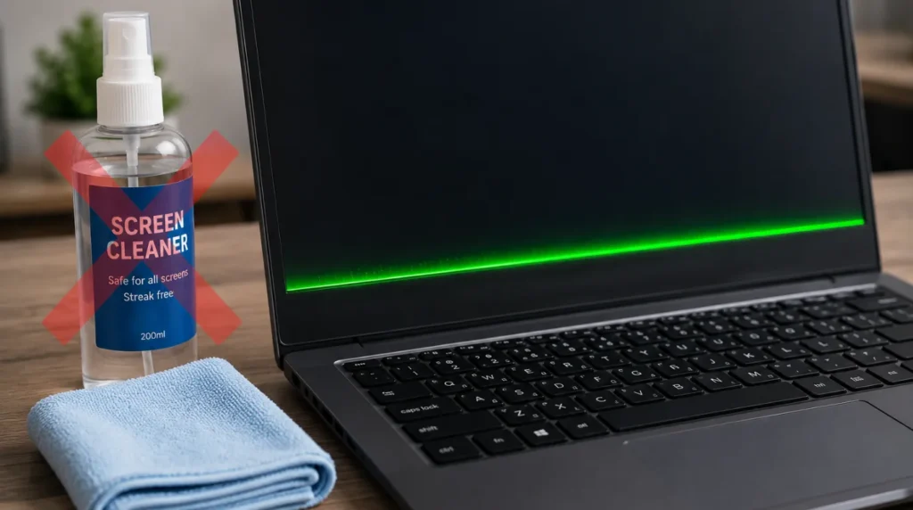 Liquid screen cleaner and a microfiber cloth next to a laptop with a display issue, illustrating an incorrect repair method.