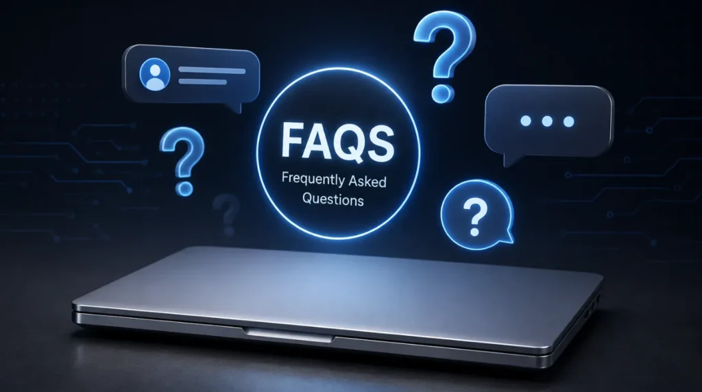 Closed modern laptop surrounded by digital question marks representing frequently asked questions about laptop screen repairs.