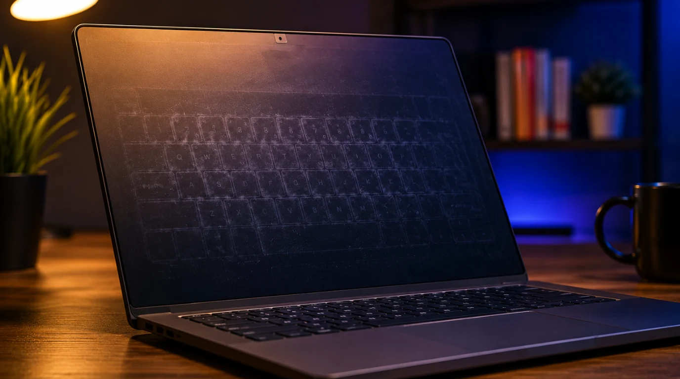 Keyboard marks visible on a closed laptop screen showing ghost key impressions on the display panel.