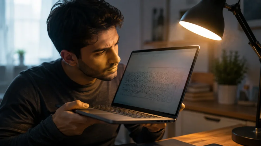 Person examining keyboard marks on laptop screen by tilting display toward a desk lamp for diagnosis.