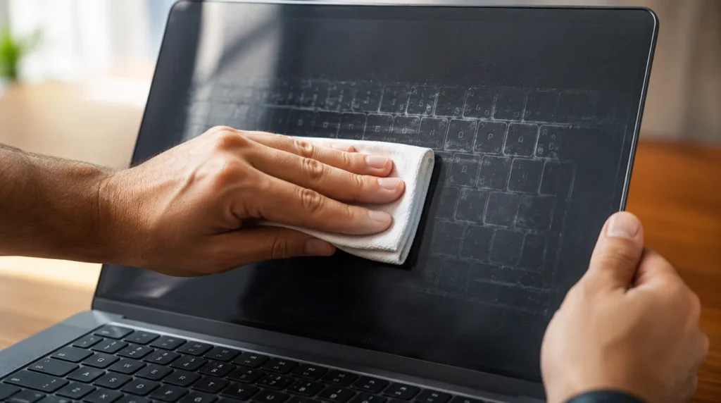 Hands cleaning keyboard marks off laptop screen with a slightly damp white microfiber cloth using straight strokes.