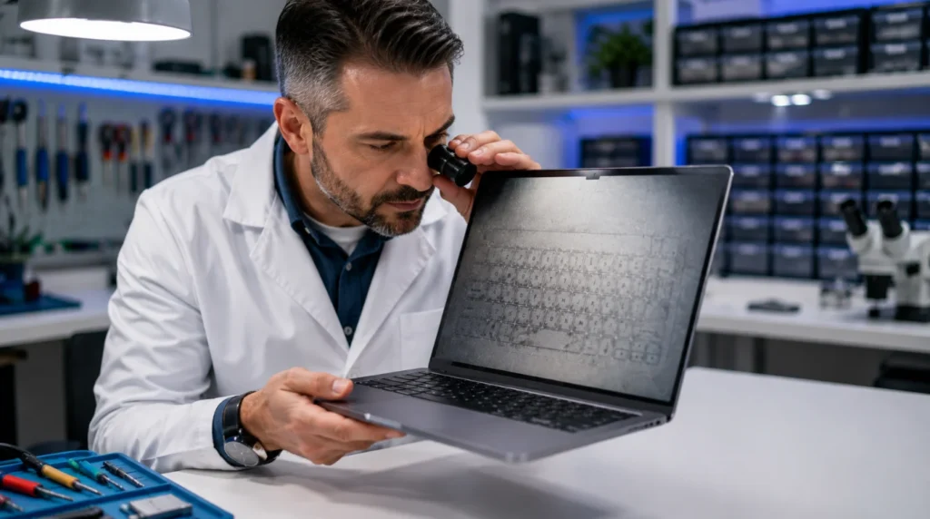 Professional laptop repair technician inspecting keyboard marks on a screen with a magnifying loupe at a repair bench.